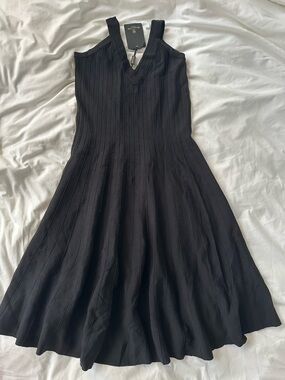 Massimo Dutti Black Ribbed V-Neck Midi Dress